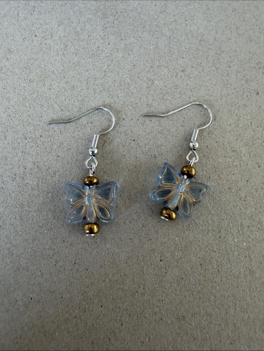 Blue Butterfly Drop Earrings with Golden Brass Accent